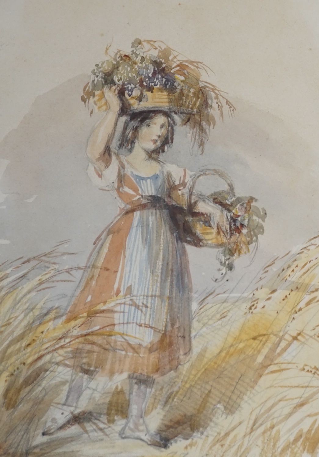 John Frederick Taylor (1802- 1899), Country girl with laden baskets in a cornfield, watercolour, signed, 20.5 x 14.5cm